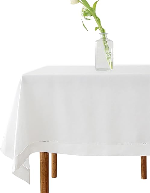 MingHing Table Cloth, 228cm x 320cm White Tablecloths 100% Pure Linen Hemstitch Rectangle Tablecloth Thanksgiving Tablecloth Great for Wedding Christmas Party Outdoor, Machine Washable