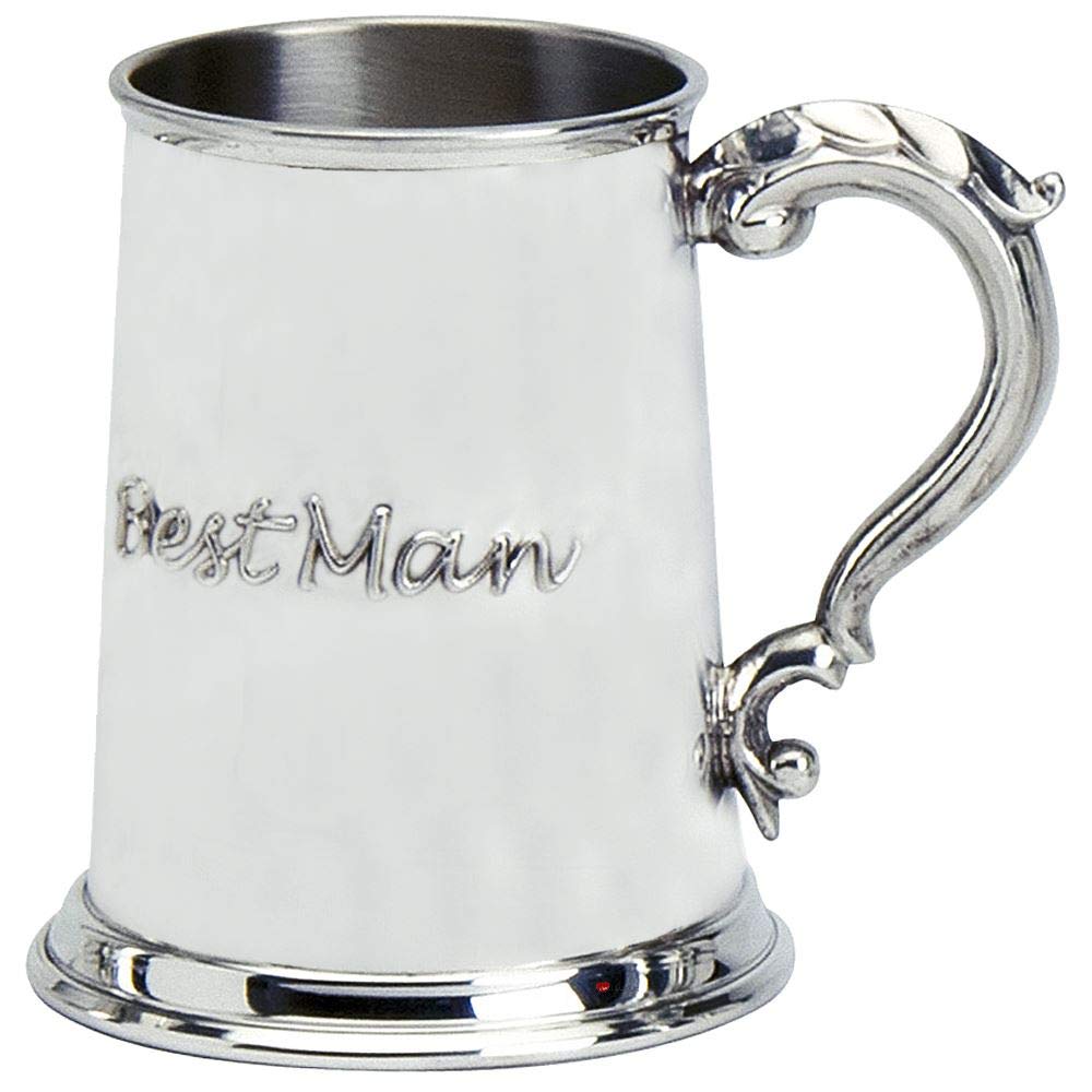 Jarra de peltre grabable para el padrino de boda con relieve y mango adornado de I LUV LTD
