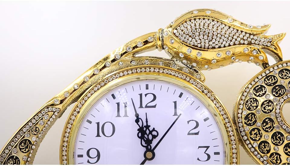 Modefa Islamic Turkish Decor Elegant Table Shelf Clock Waw Tulip with 99 Names of Allah Gold