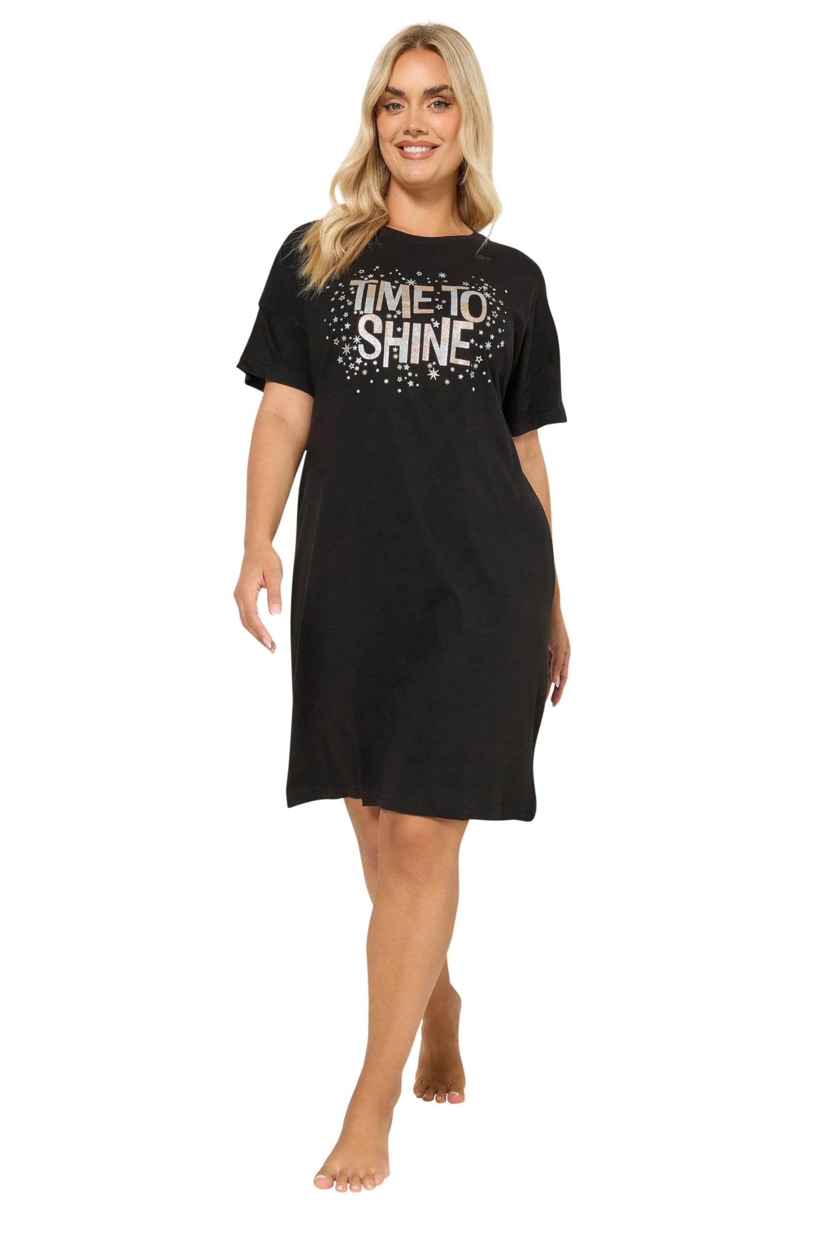Yours Women's Black Glitter Printed Sleep T-Shirt Nightdress In | Size: 22-24