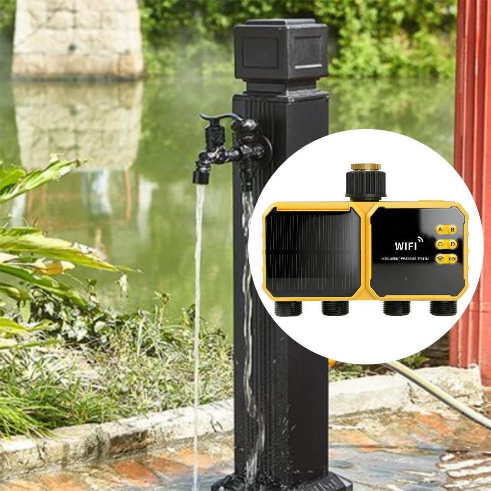 EasyByMall Smart Solar - Sistema di irrigazione a goccia, timer automatico dell'acqua a 4 vie con micro-spray, kit da giardino ricaricabile USB-C per piante da esterno