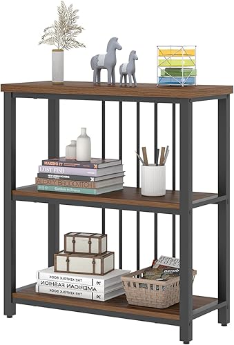 Vista 26 de FOLUBAN Estantería de 3 niveles, estantería industrial y estantes para libros, para dormitorio, madera rústica y metal, para oficina, roble