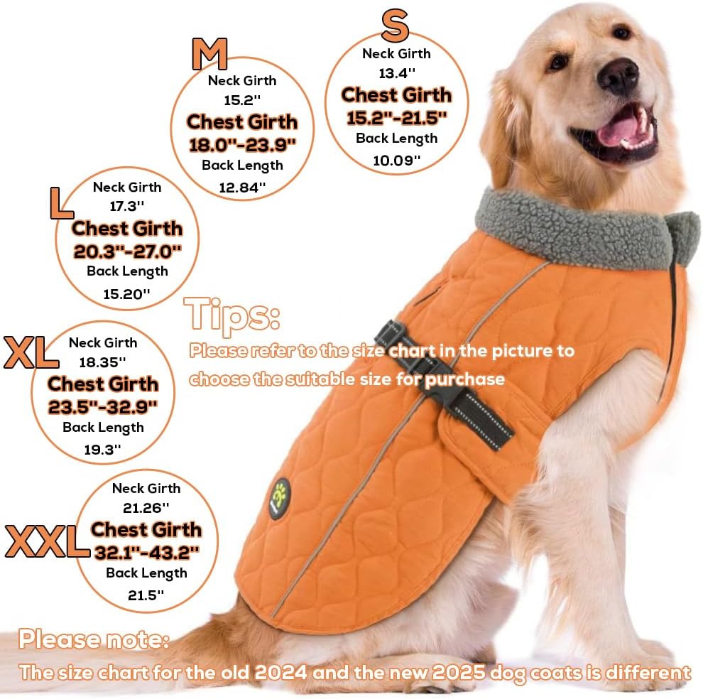 Dog Jackets, Furry Collar Winter Coats for Dogs with Warm Fleece Lining, Reflective Winter Dog Jackets Windproof Doggie Coats for Large Dogs, Orange L