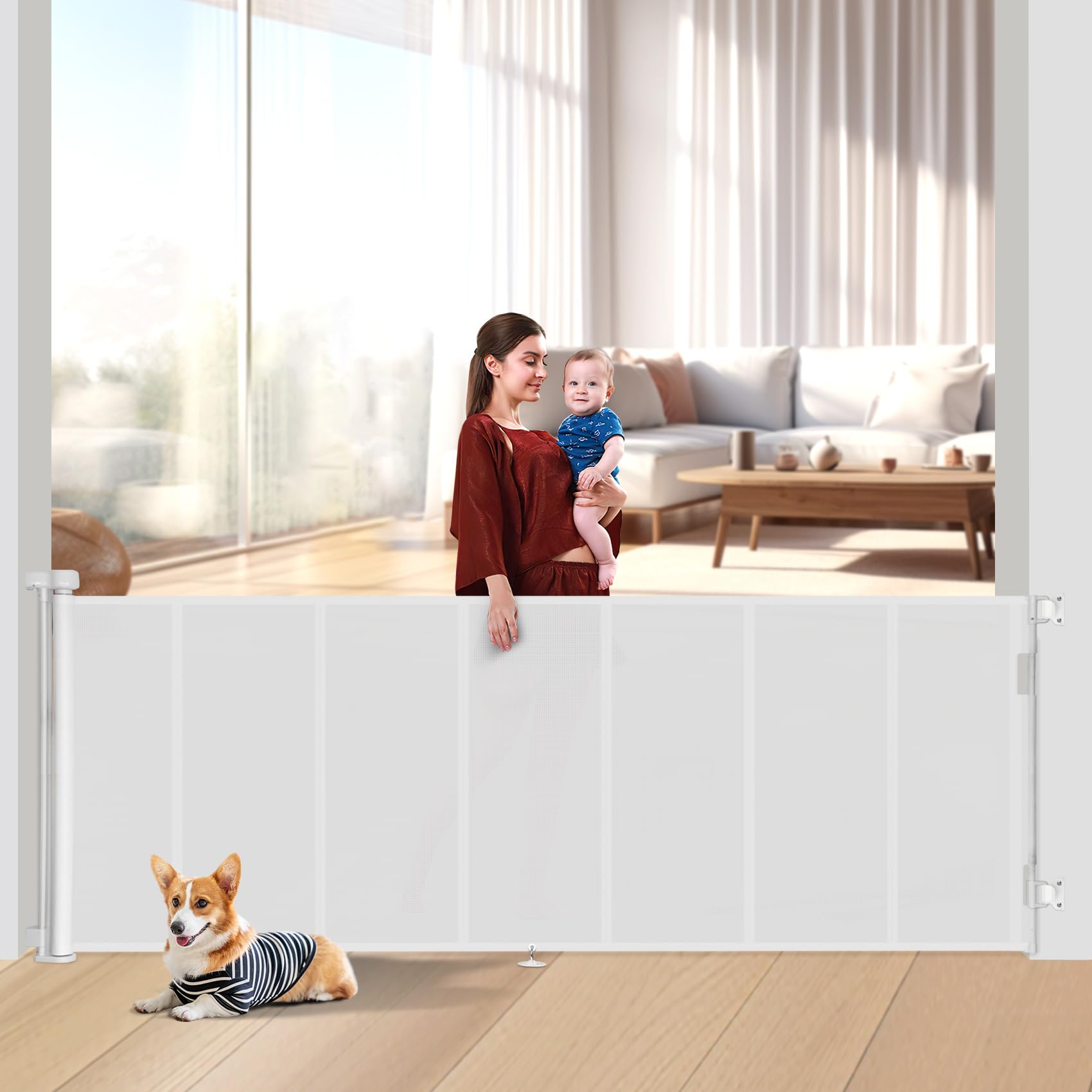 Upgrade 120 inch Retractable Baby Gates Extra Wide with Reinforced Strip Design to Prevent Crawling Through, 10 Foot Retractable Dog Gate, 42" Tall, Retractable Gate for Indoor/Outdoor