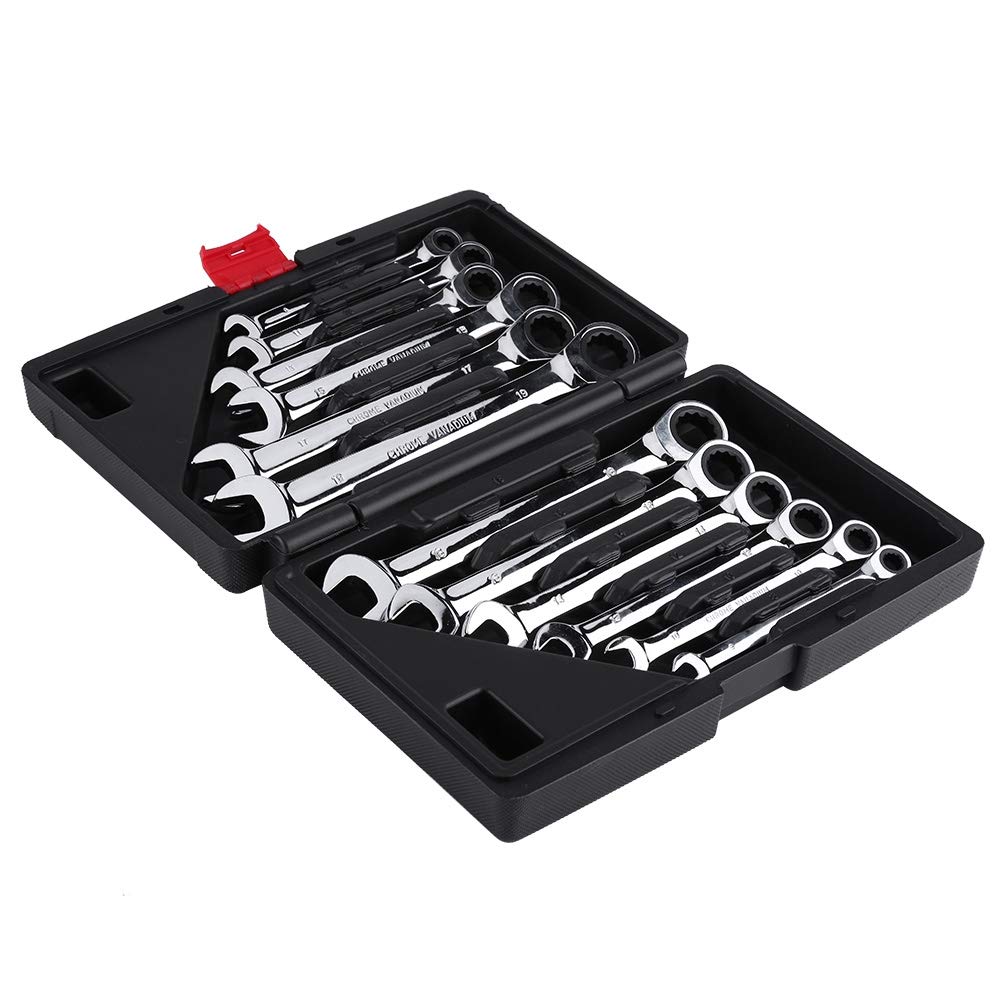 12 Pièces Clés Plates à Cliquet, Cles à Fourches en Acier au Chrome Vanadium 8-19mm, Bricolage Jeu de Clefs Mixtes Outils avec V