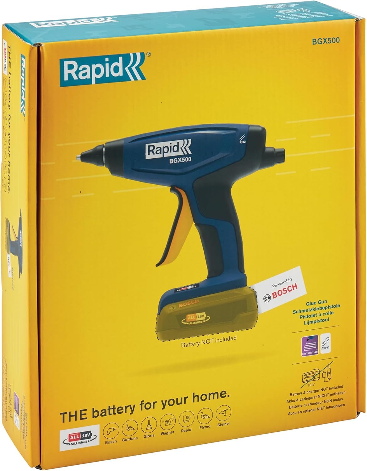 RAPID BGX500 Pistolet à Colle Chaude Professionnel Sans Fil, Chauffe Rapide 3 min, Régulateur de Débit, Voyants LED, Fonctionne avec Batterie 18V Bosch - (Non incluse) - 5001517