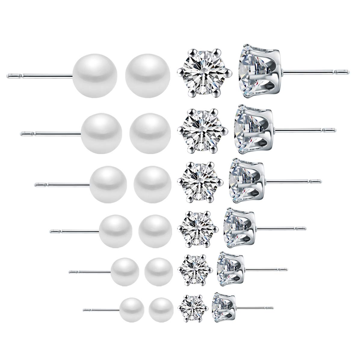 OUGWA 12 Pairs Stainless Steel Clear Cubic Zirconia Pearl Stud Earrings Women's Stud Earrings Set (Pearl Earrings)