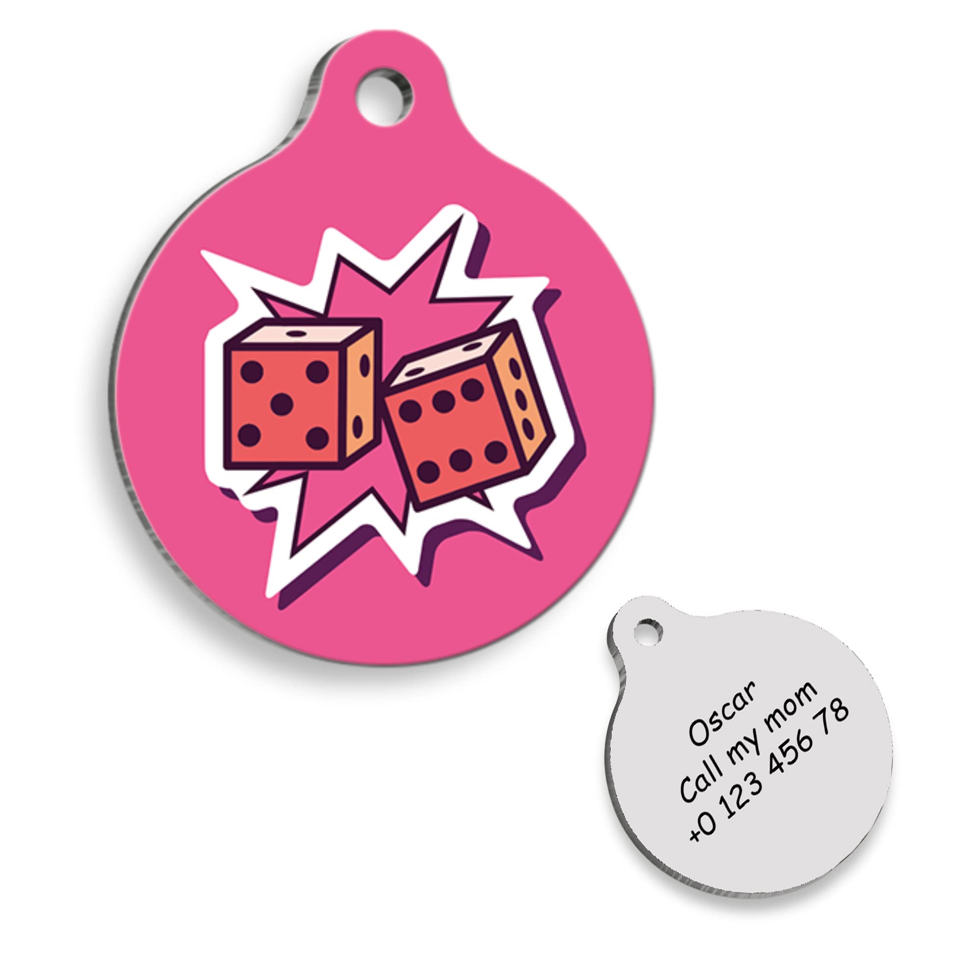 Pink Dice Personalized Dog Tag - Custom Name Tag - ID Tag for Dog & Cat - Customized Pet Tags - Dog & Cat Name id Tag - Dog Name Tag - Engraved Dog Tag