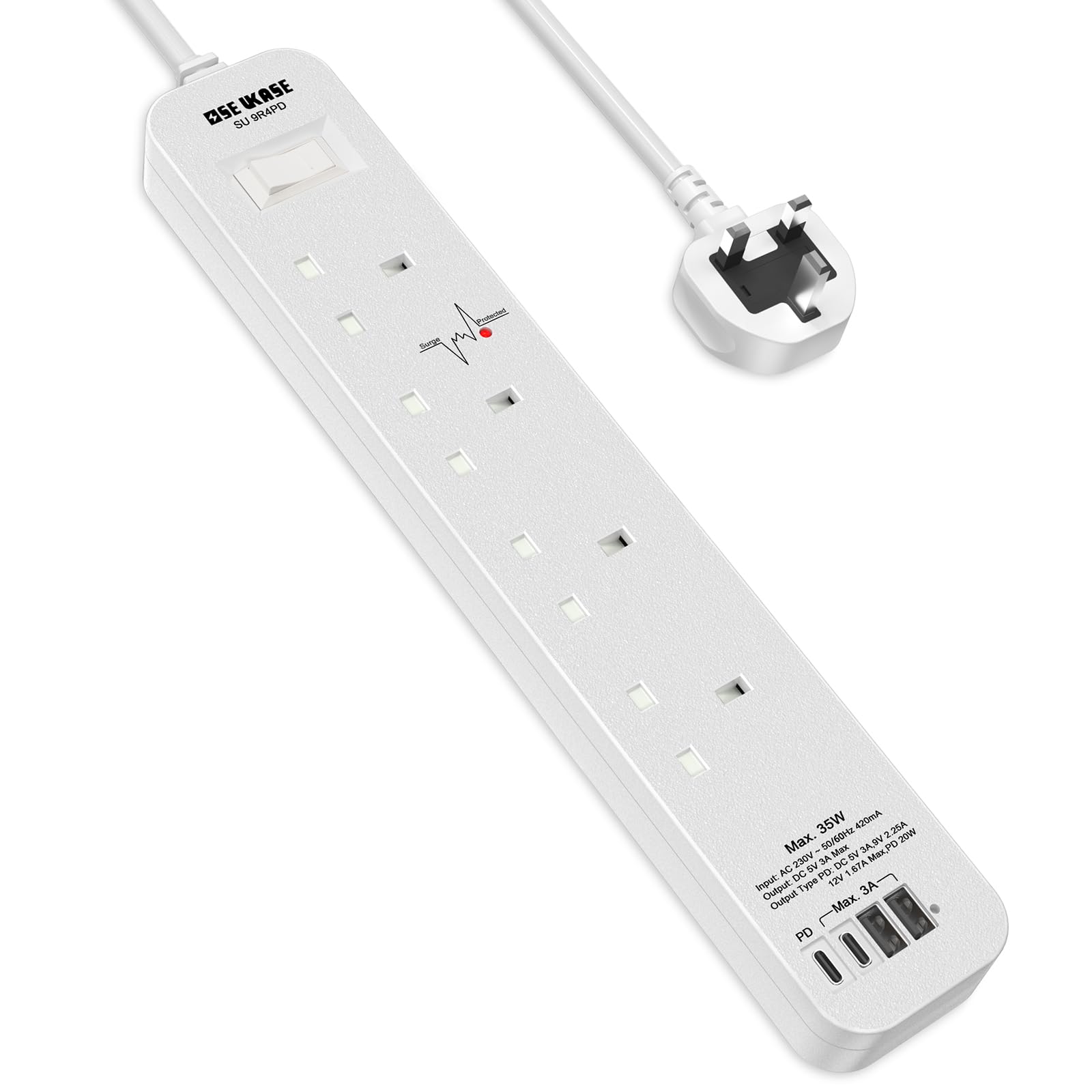 SE UKASE Extension Lead with USB C PD 20W, 4 Way Socket 1200 Surge Protection with 2M /6.56FT Long Extension Cord Multi Plug 2990W Safety Shutter for TV PC Laptops Tablets