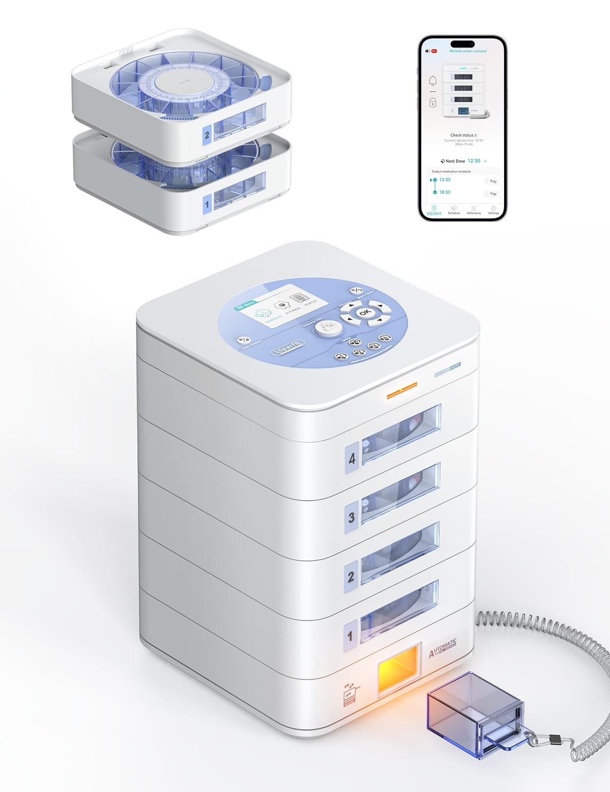 56-Day Automatic Pill Dispenser – App & On-Device Setup by Family, LCD Display, Digital Lock, Sound & Light Alerts – Safe Medication Organizer Management for Seniors (4-Tray, White)