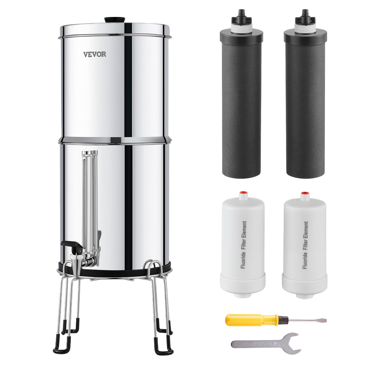 VEVOR Système de Filtration d'Eau par Gravité 7,​5 L, Filtre à Eau par Gravité Réduction du Plomb et jusqu'à 99% du Chlore, Inox 304, avec 2 Filtres à Charbon Actif, 2 Filtres de Défluoration, Robinet