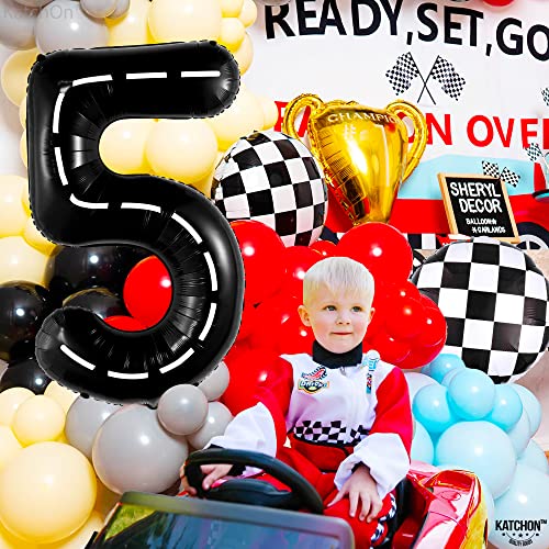 Image of KatchOn, Number 5 Race Car Black Balloon - Giant 40 Inch, Party Supplies, Hotwheel Birthday Decorations, Unisex, All Ages, 3 Pieces | Hotwheel Birthday Decorations, Unisex, All Ages, 5th Birthday Decorations for Boys, 5 Happy Anniversary Decorations