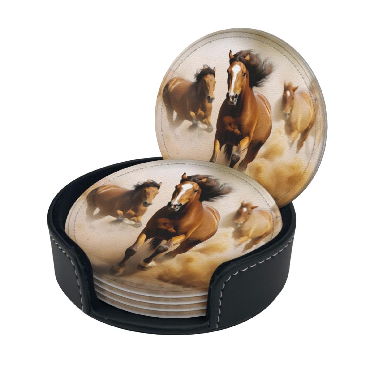 Smazdfxx Women's As Pic Stylish Coasters - Horses Set Of 6 Round Leather Drink Coasters With Holder - Perfect Size For Cups And Glasses