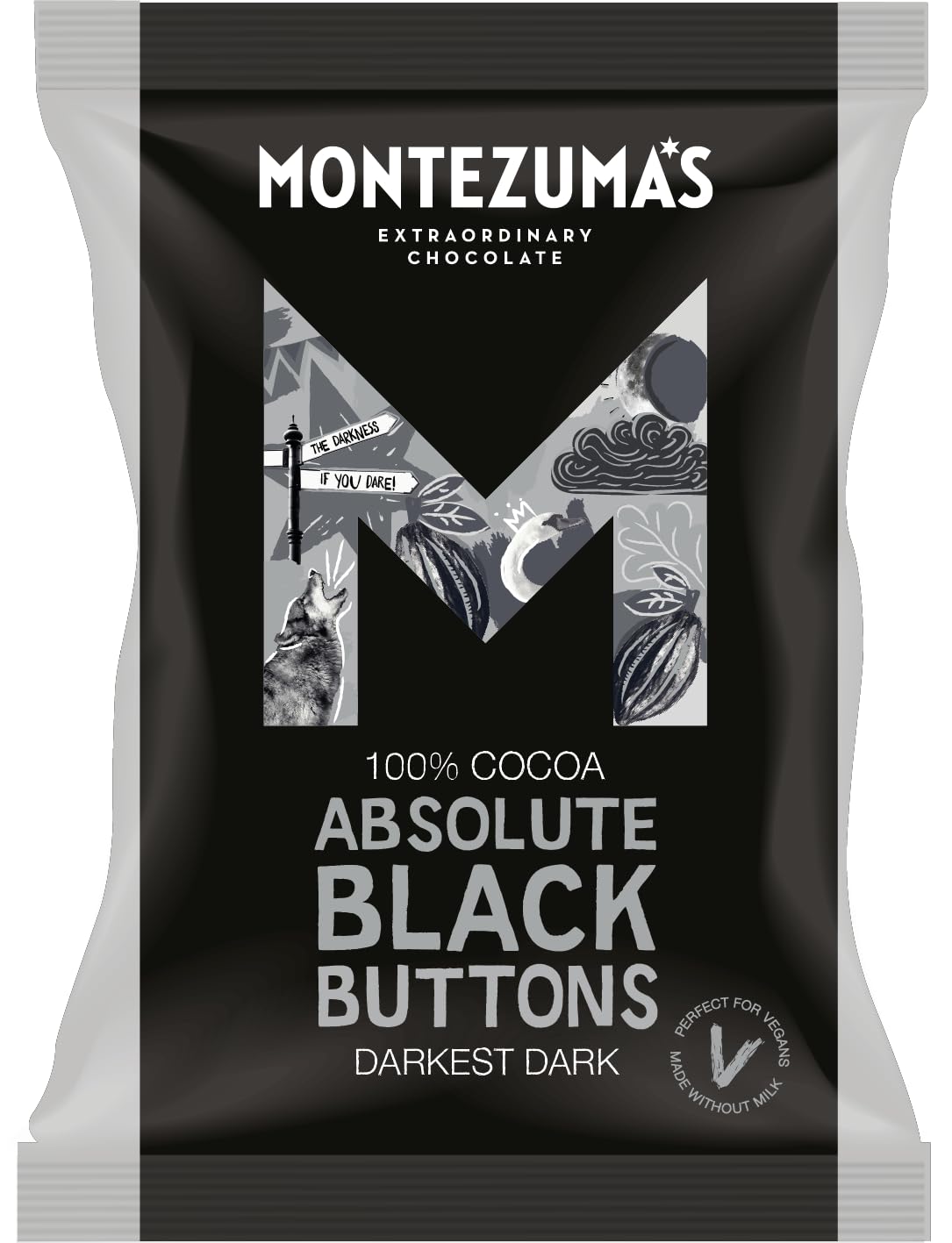 MontezumaAbsolute Black, 100% Cocoa, Darkest Dark Buttons, Gluten Free & Naturally Vegan, 120g Bag
