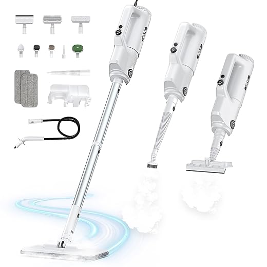 YKYI Steam Mop, Detachable 10 in 1 Multipurpose Steamer with 11 Attachments, Handheld Steam Cleaner for Home, Hardwood Floors, Laminate, Marble, Tile, Grout, Carpet, Windows Cleaning (Pearl white)
