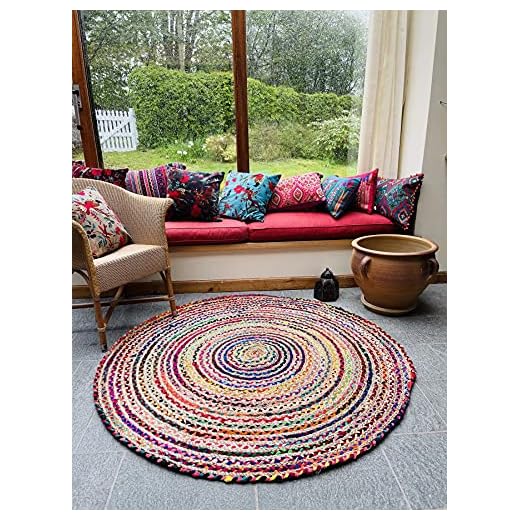 Second Nature Online Mishran miljövänlig rund flätad matta vävd med naturligt jute och flerfärgat återvunnet material 150cm Diameter mång