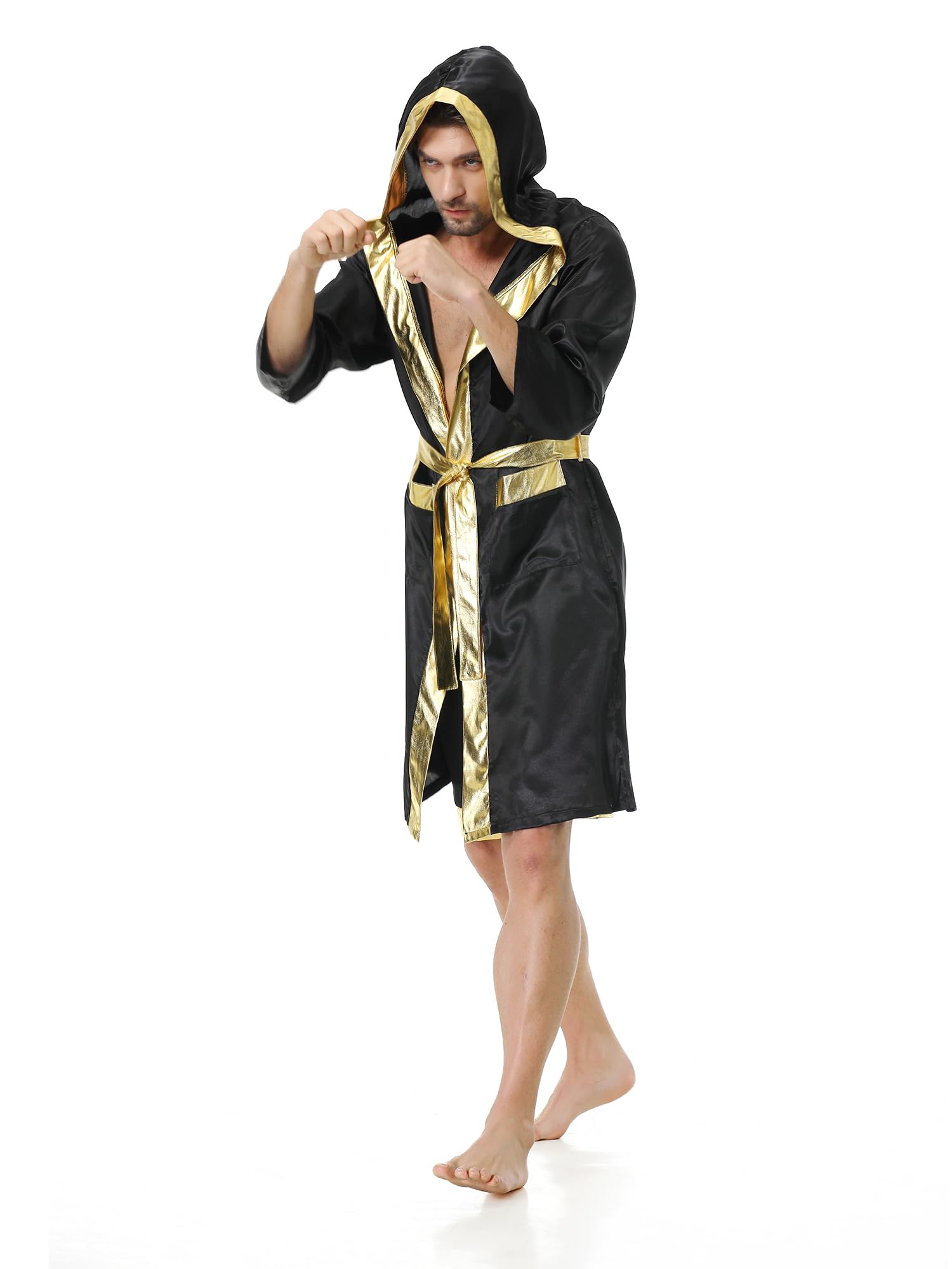 maxToonrain Boxer Fancy Dress,Adult Holloween Costumes Funny Stain Printing Hooded Boxing Costume Robe+Boxer Shorts Outfit(Gold,L) - Image 3