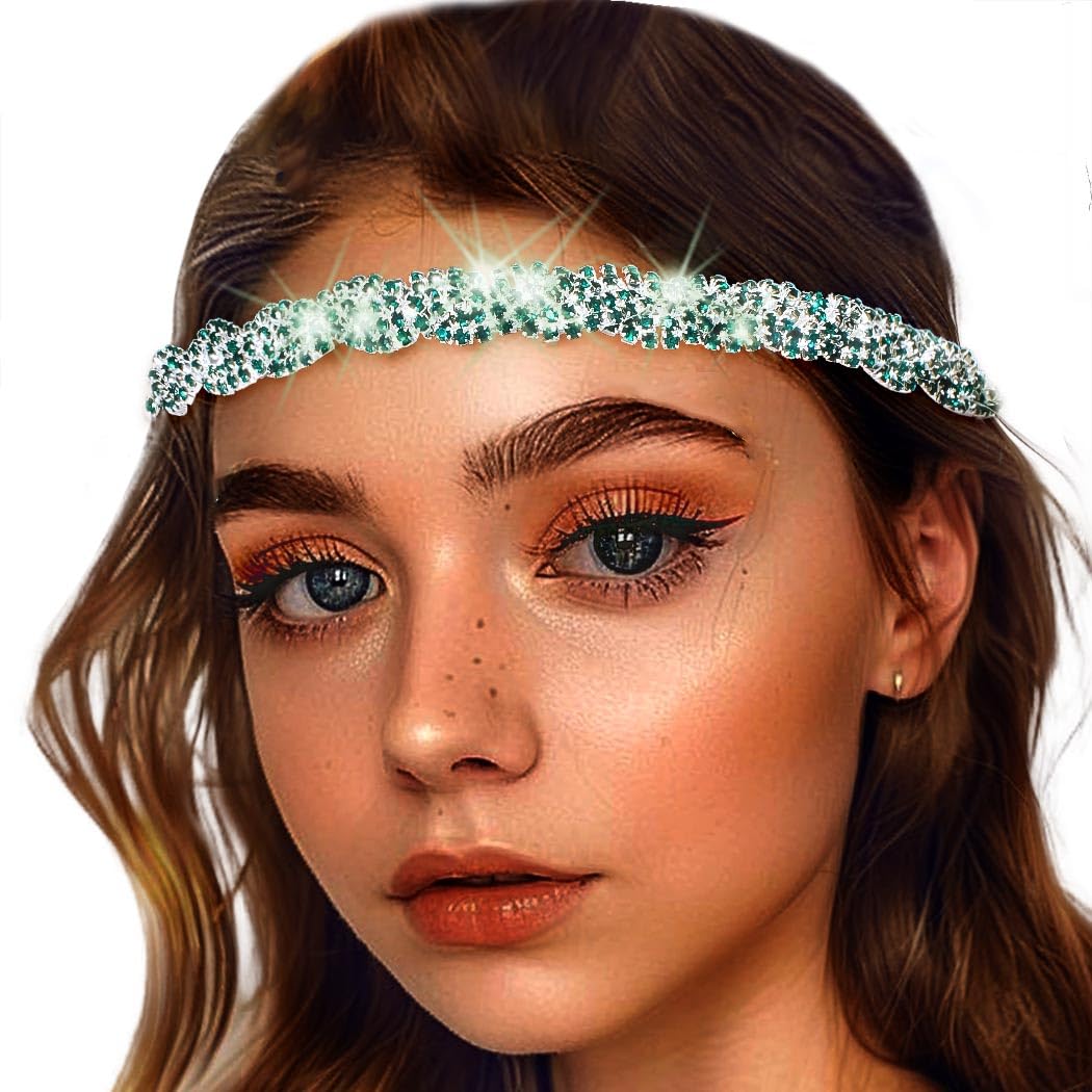 Women's Rhinestone Headbands Sparkly Elestic Hairband Vintage Metal Headbands Sparkly Elegant Party Daily Head Chain (Green, M)