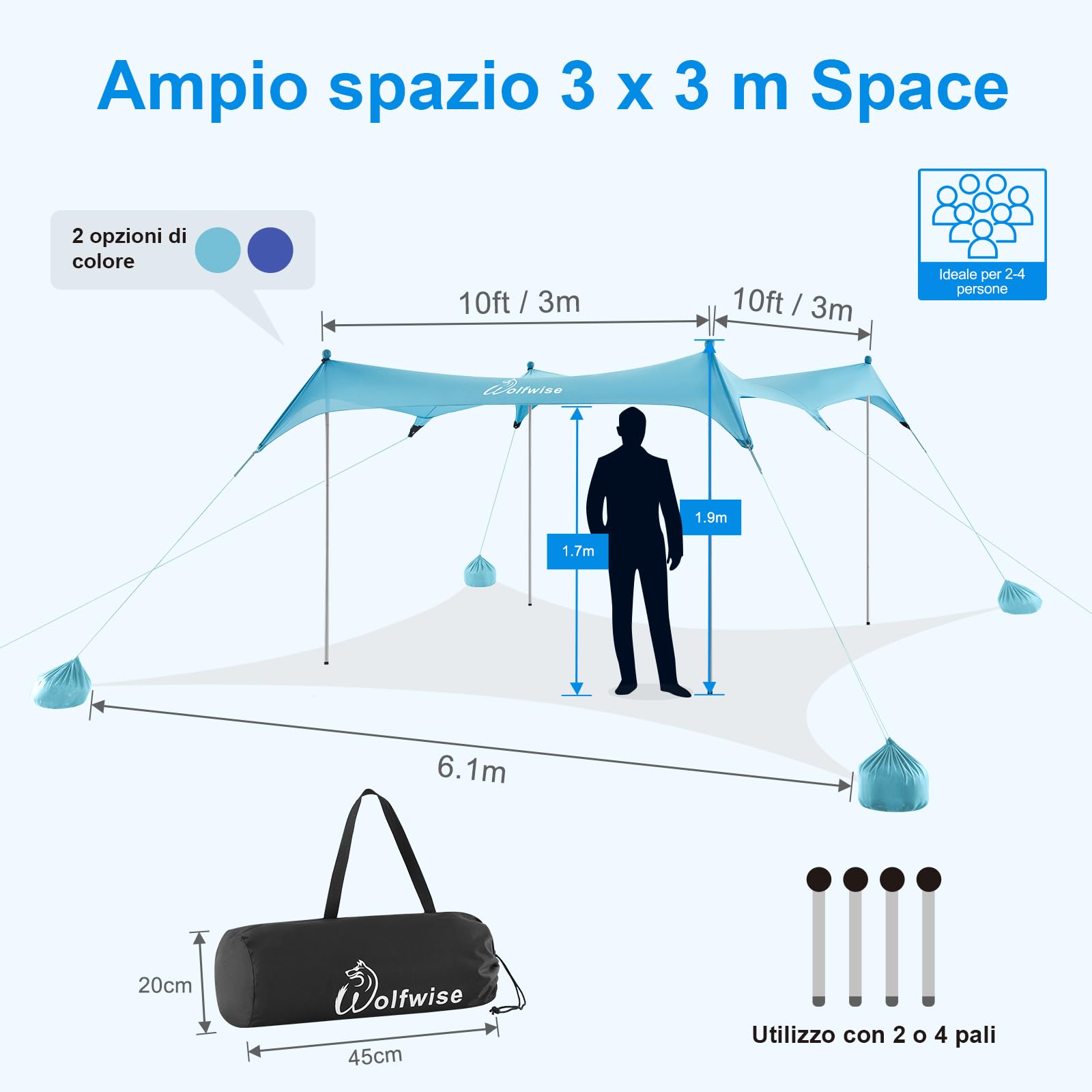 WolfWise Tenda da Spiaggia con Protezione Solare UPF50+, 3 x 3 m Tenda da Spiaggia con Ancoraggio di Sabbia