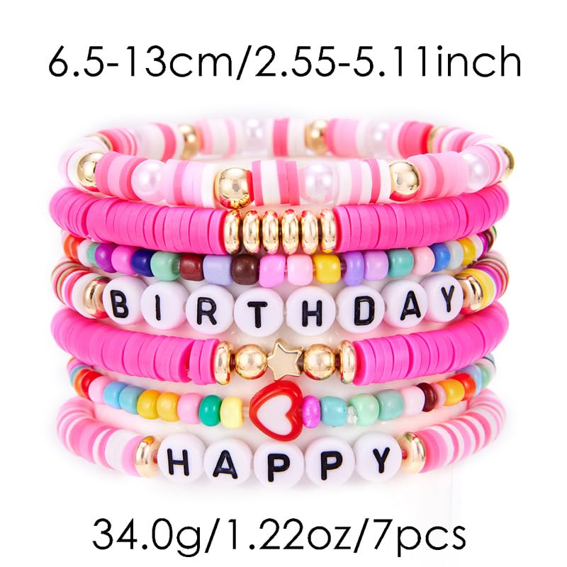 Colorful Happy Birthday Surfer Heishi Clay Friendship Stackable Bracelets Bohemian Multilayer Rainbow Birthday Cake Flower Gold Beads Preppy Stretch Bracelet for Women Party Celebration Jewelry2