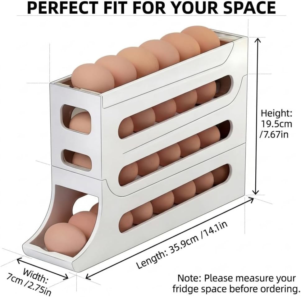 Automatic Rolling Egg Dispenser for Refrigerator, 4-Tier Large Capacity Egg Holder for Fridge, Stores up to 28 Eggs, Slim Gravity Fed Egg Organizer, No Assembly（White）