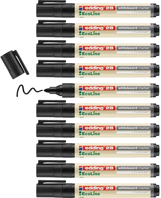 edding 28 Ecoline whiteboard marker - black - box of 10 whiteboard pens - round tip 1.5-3 mm - whiteboard pen dry wipe - for whiteboards, flipcharts, pinboards, memo boards - sketchnotes - refillable