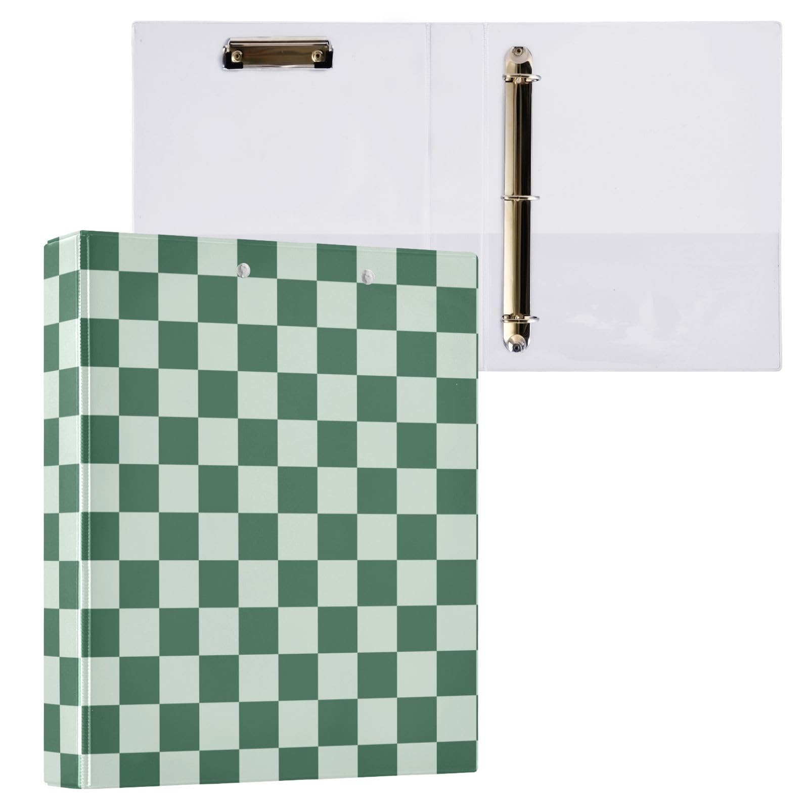 Kcldeci Raccoglitore a 3 anelli, copertina rigida, scacchiera verde, anelli rotondi da 3,8 cm, con tasche interne, per scuola, ufficio, ricette, raccoglitori, confezione da 2