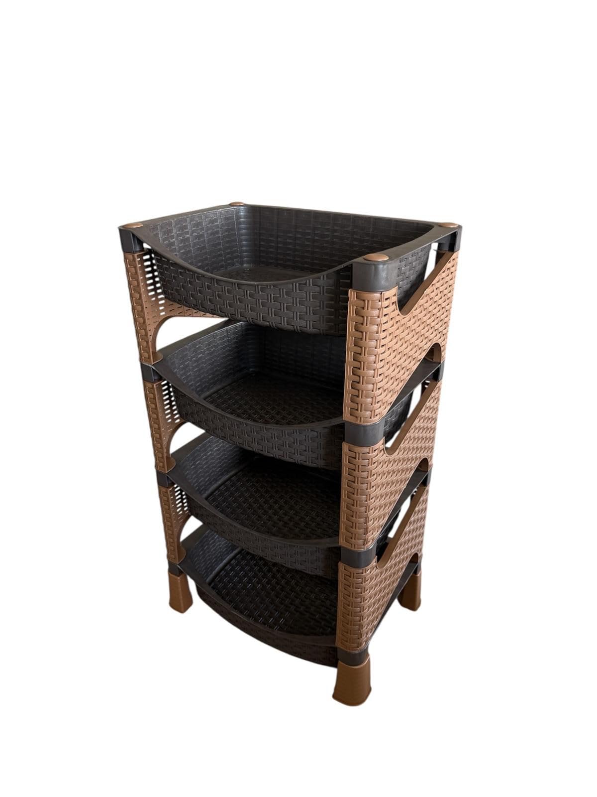 Gemüseregal mit 4 Etagen Regal – Kunststoff in Rattan-Optik – Braun/Schwarz – Stapelbares Küchenregal für Gemüse, Vorräte & mehr
