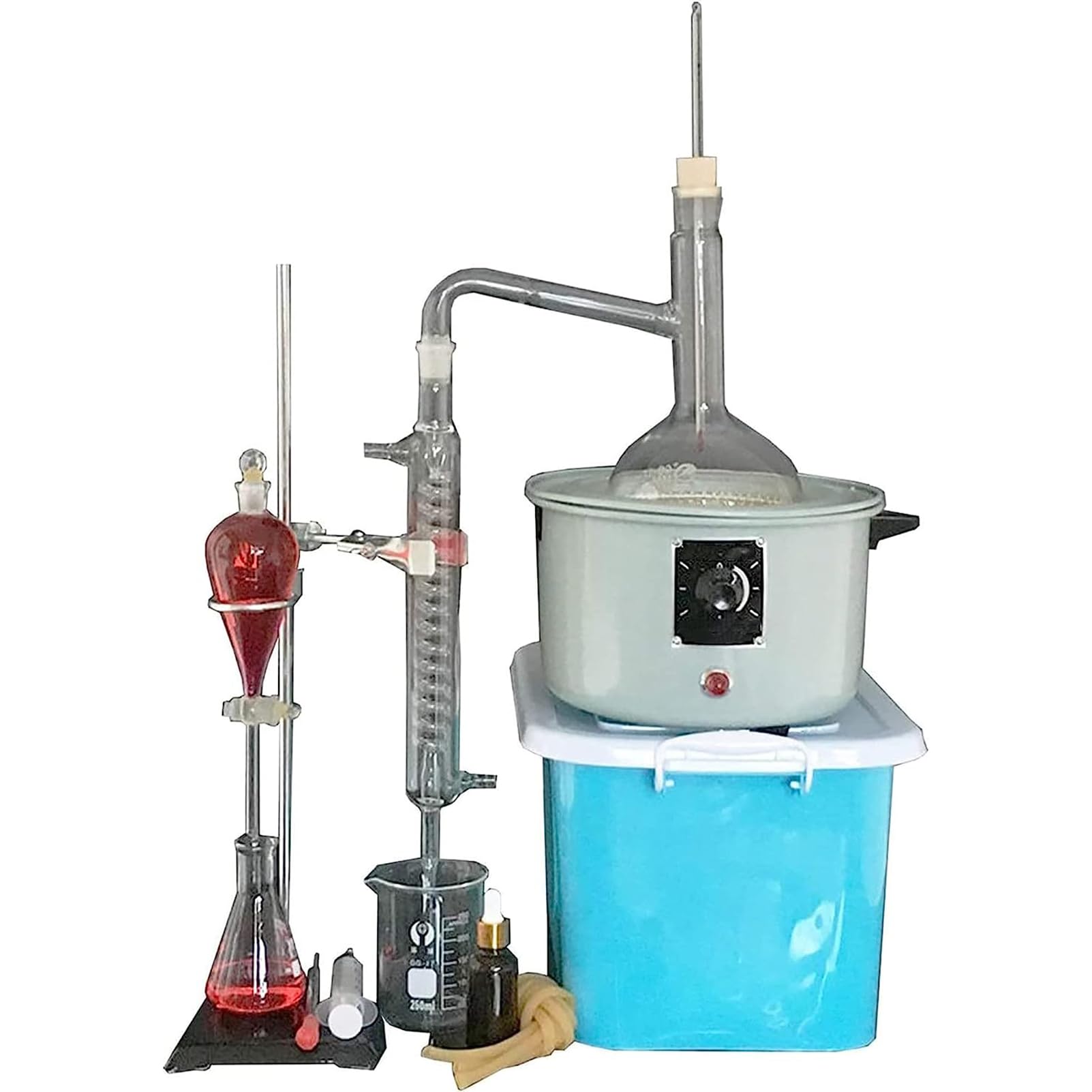 Dispositivo de destilación de aceites esenciales de 1000 ml, kit de cristalería para aparatos de destilación de laboratorio con calentador eléctrico, destilador de agua para el hogar de bricolaje, equ