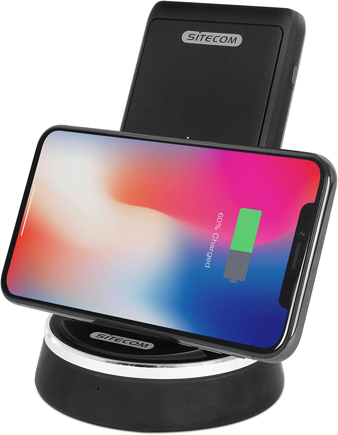 Smartphone charging wirelessly on the Sitecom CH-005 stand in landscape orientation