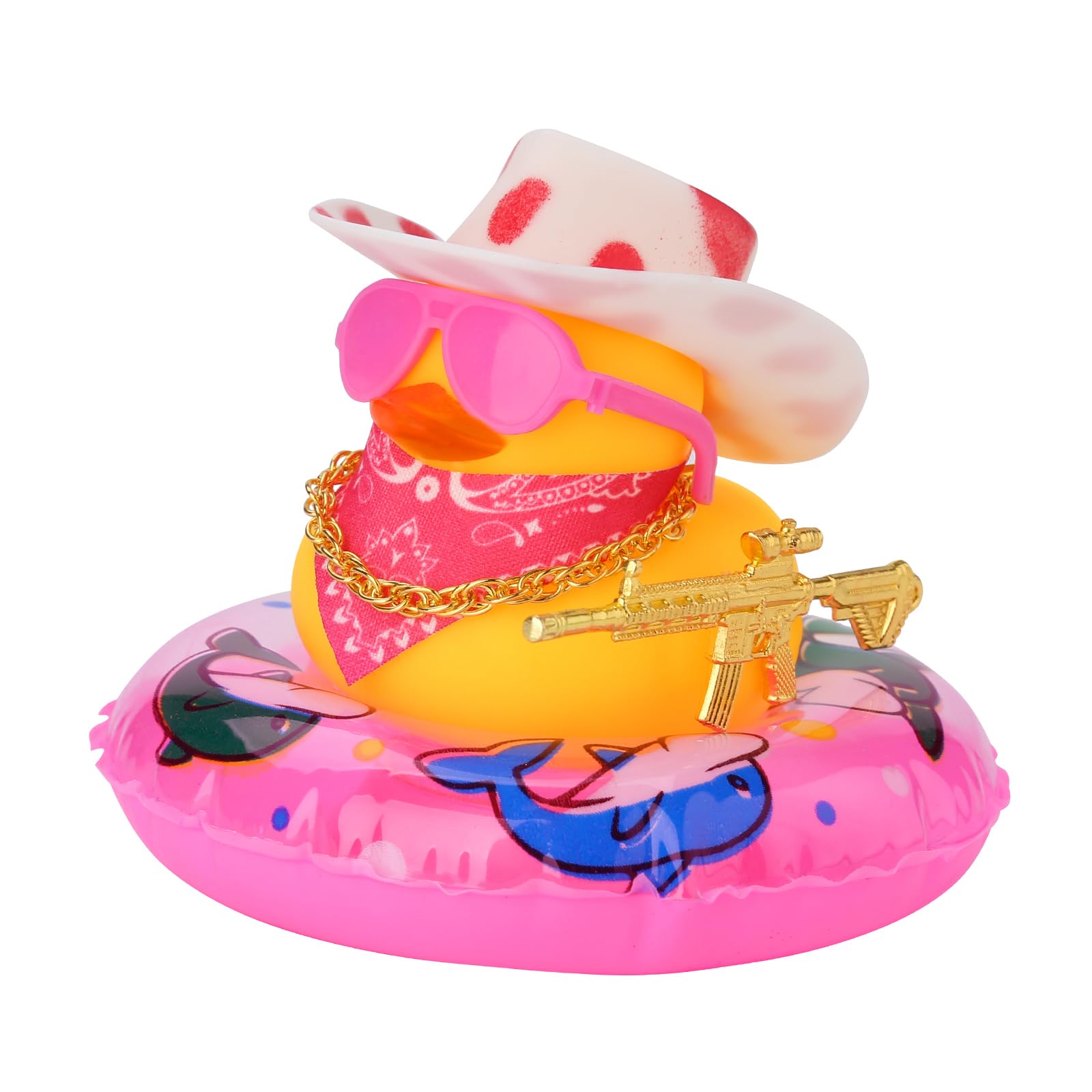 Rubber Duck Decoration for Car Dashboard, Yellow Squeak Ducky Mini Duckies Cute Car Ornaments Accessories with Mini Hat Sunglasses Necklace Swim Ring for Party Favors, Birthdays