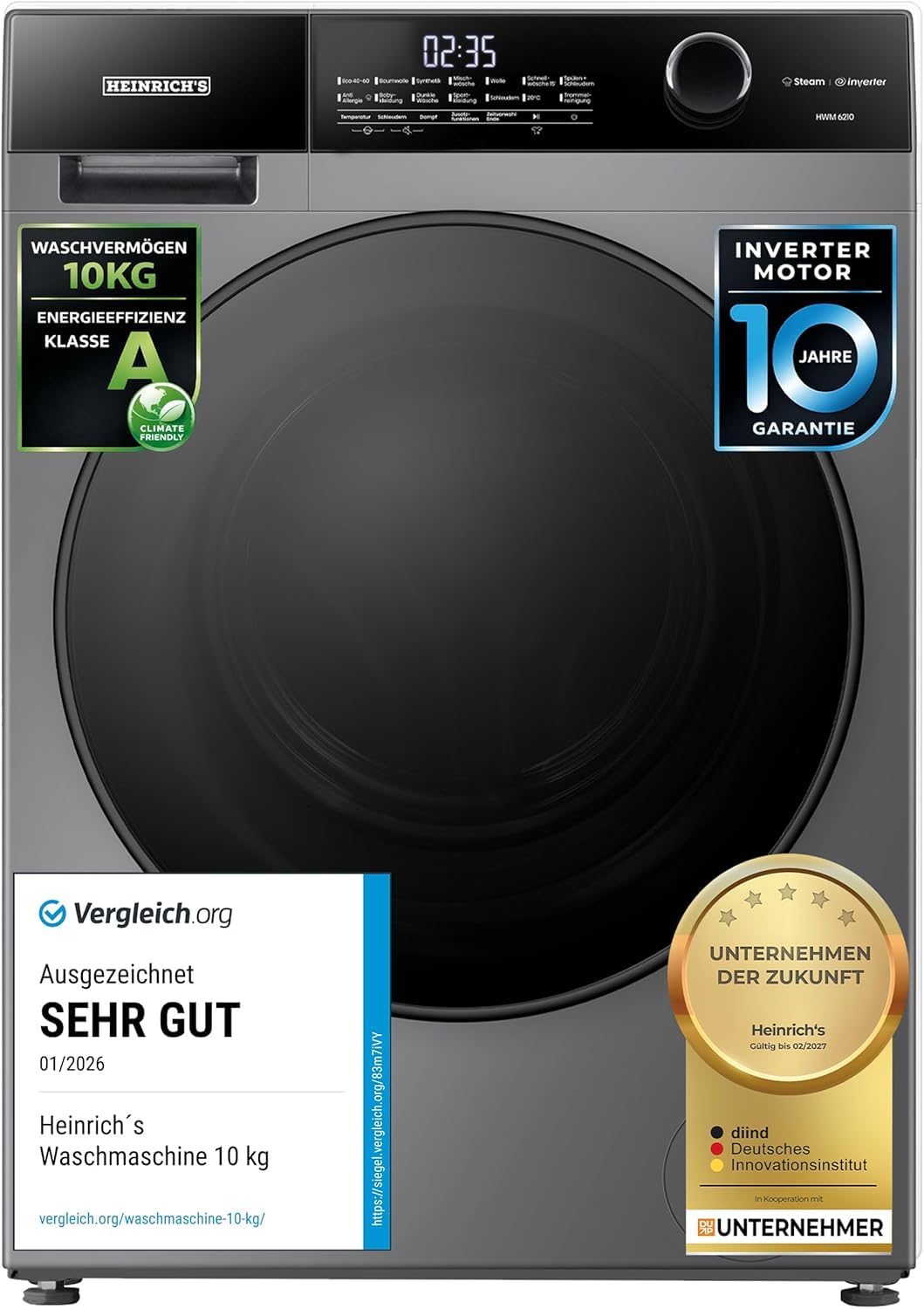 Heinrich´s Waschmaschine, Steam-Funktion, 10kg Mega Kapazität, 15 Programme, 1400 U/min., Aqua-Stop, LED-Display, Endzeitvorwahl, mit Kindersicherung, langlebiger und leiser Inverter Motor,Titan-Grau - 1
