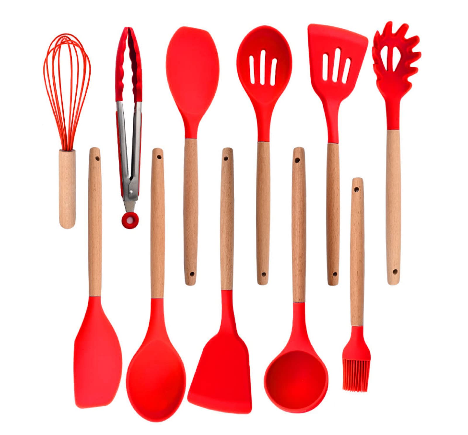 GTHTUHFD Cooking Spatulas And Spoons,Spoon Setcooking Utensils Set Silicone Kitchenware Scraper Oil Brush Egg Whisk Spatula Cooking Utensil Multipurpose Cookware,11pcs Red