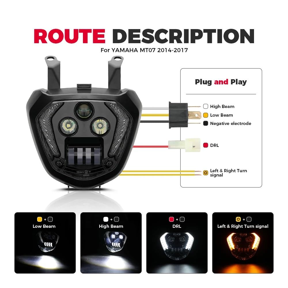 Antibrouillards Longue portée Phare de moto Convient pour MT07, FZ07 2014, 2015, 2016, 2017, DRL, 110W, 12v, LED