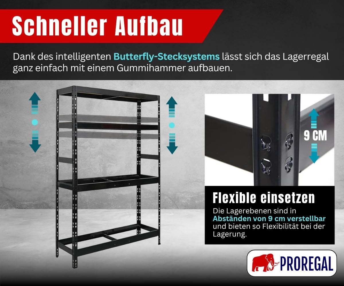 PROREGAL Reifenregal Tiger | HxBxT 180x120x40 cm | bis zu 12 Reifen auf 2 Ebene + 2 Ablagen | Schwarz | Werkstattregal, Lagerregal, Kellerregal