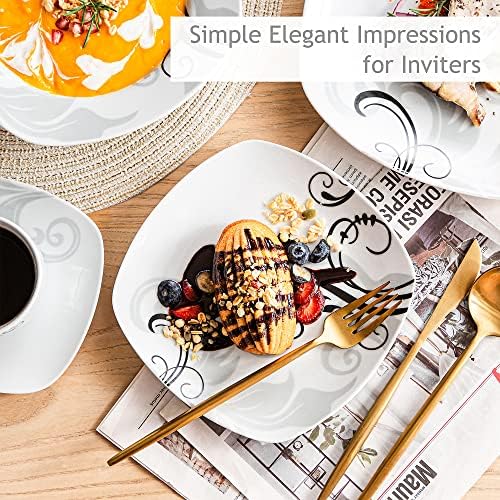 VEWEET 'Zoey' 30-Piece Dinner Set Ivory White Black Decals Porcelain Combination Sets with Cup & Saucer Set, Stoneware Plate Sets Service for 6