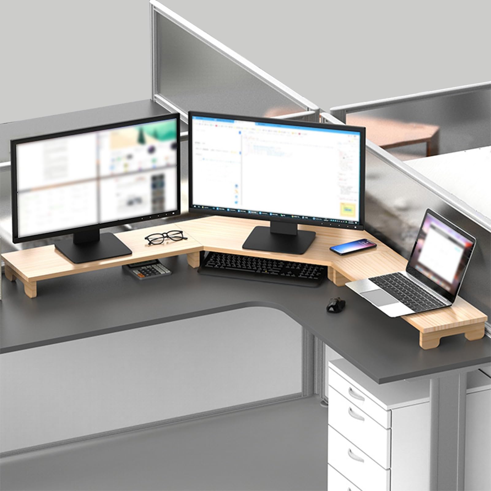 podstawka pod komputer, Stojak na monitor narożny do biura, podstawki pod laptopy 3 monitory, ergonomiczny stojak z litego drewna, komputer w kształcie trójkąta salonu i klasy, oszczędzający miejsce