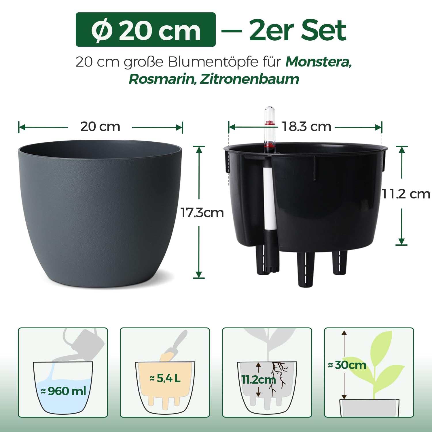 T4U 2Pcs 20cm Selbstbewässerungstopf mit Wasseranzeiger, Praktischer Blumentopf für vielbeschäftigte Anfänger und Gärtner,Plant Pot geeignet für Monstera/Rosmarin für den Innen und Außenbereich (Grau)