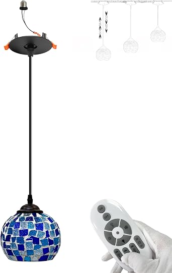 Remote Control Can Lights Retrofit Recessed Mounted Instant ON Pendants Compatible E26 Adapter T24 Connector Conversion Kit for 4-5 in Holes Mosaic Blue Stained Globe Art Glass Shade