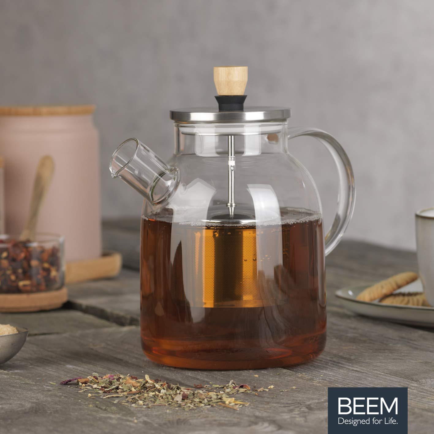 BEEM Dzbanek do herbaty szklany z sitkiem – 1,5 l | dzbanek do herbaty szklany | sitko ze stali nierdzewnej z funkcją podnoszenia | szkło odporne na wysokie temperatury | do gorącej herbaty lub