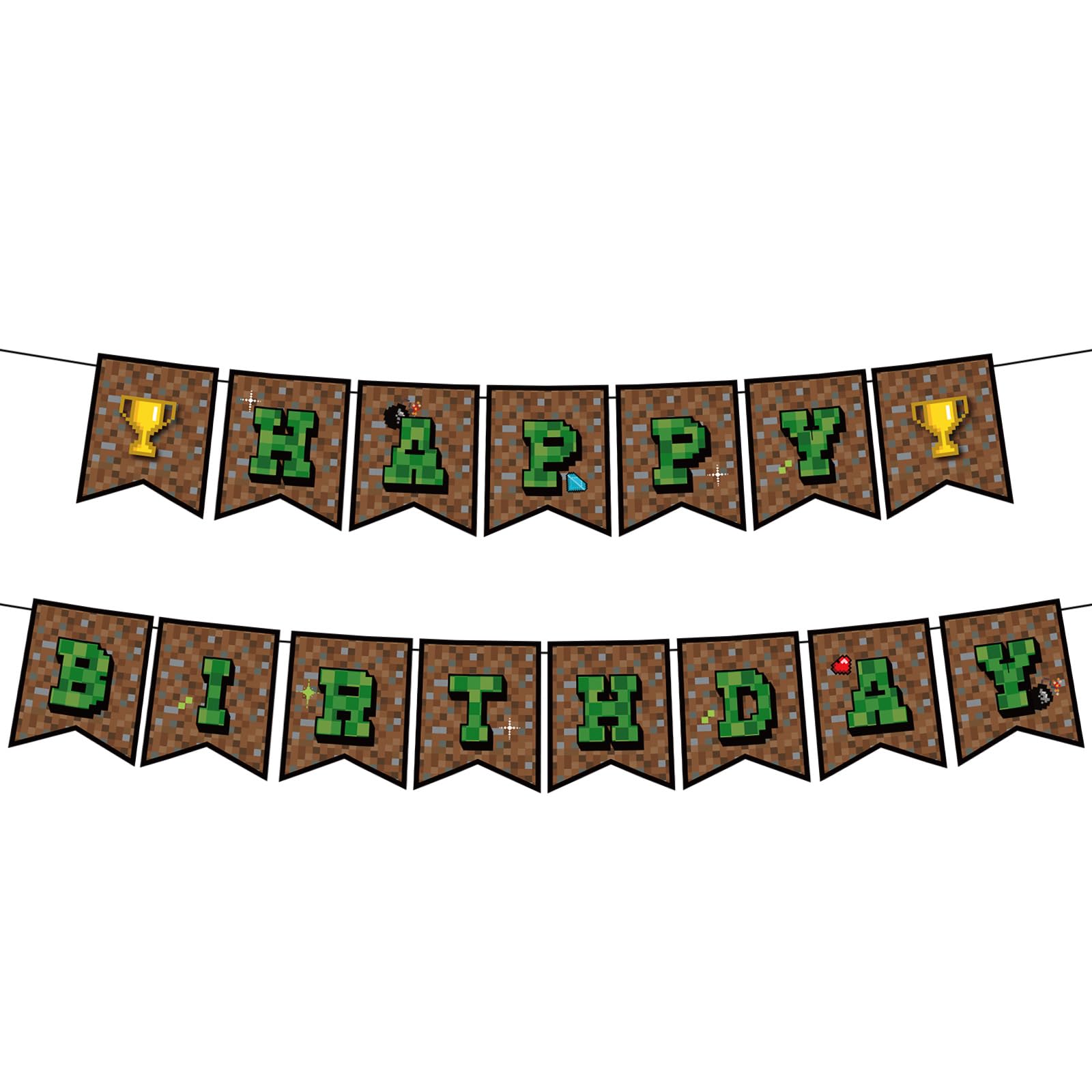 Pixel Happy Birthday Banner, Green & Brown Mining Themed Party Decorations Hanging Backdrop for Kids Boys Girls Birthday Video Game Party Supplies Wall Table Decor