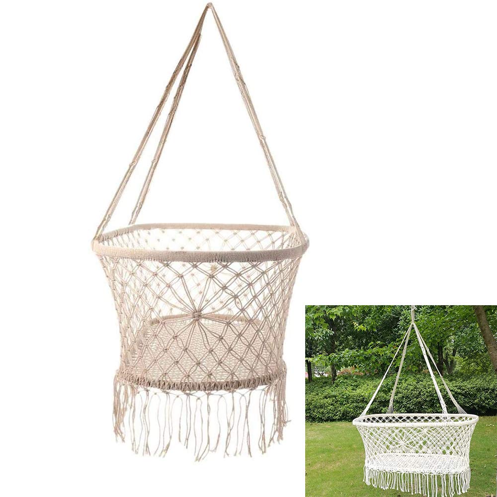 YOGANHJAT Hanging Crib in Macrame Hanging Crib in Macrame Cotton Woven Rope Swing Patio Chair Seat for Infant to Toddler Beige Color Cotton Rope Weaved Nursery Decor Girl,White,Without accessories