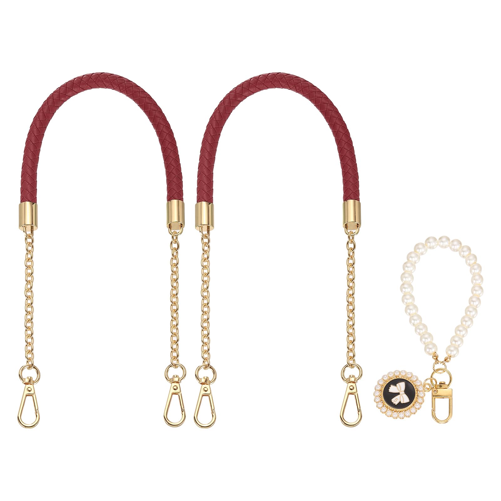 sourcing map 2 Pcs PU Leather Chain Purse Strap, 23.6 Inch Braided Purse Handles Replacement Strap with Pearl Pendant for Tote Bag Handbag Underarm Bag (Wine Red, Light Gold Chain)