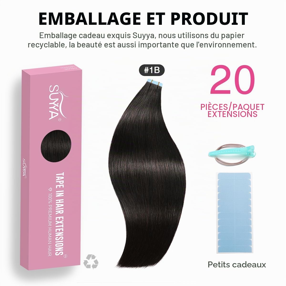 SUYYA Extension Adhesive Cheveux Naturel Droits Cheveux humains Extension Cheveux Naturel Adhesif Tape in Hair Extensions 20Pouces/65cm 60g 20 Pièces #1B Noir Naturel