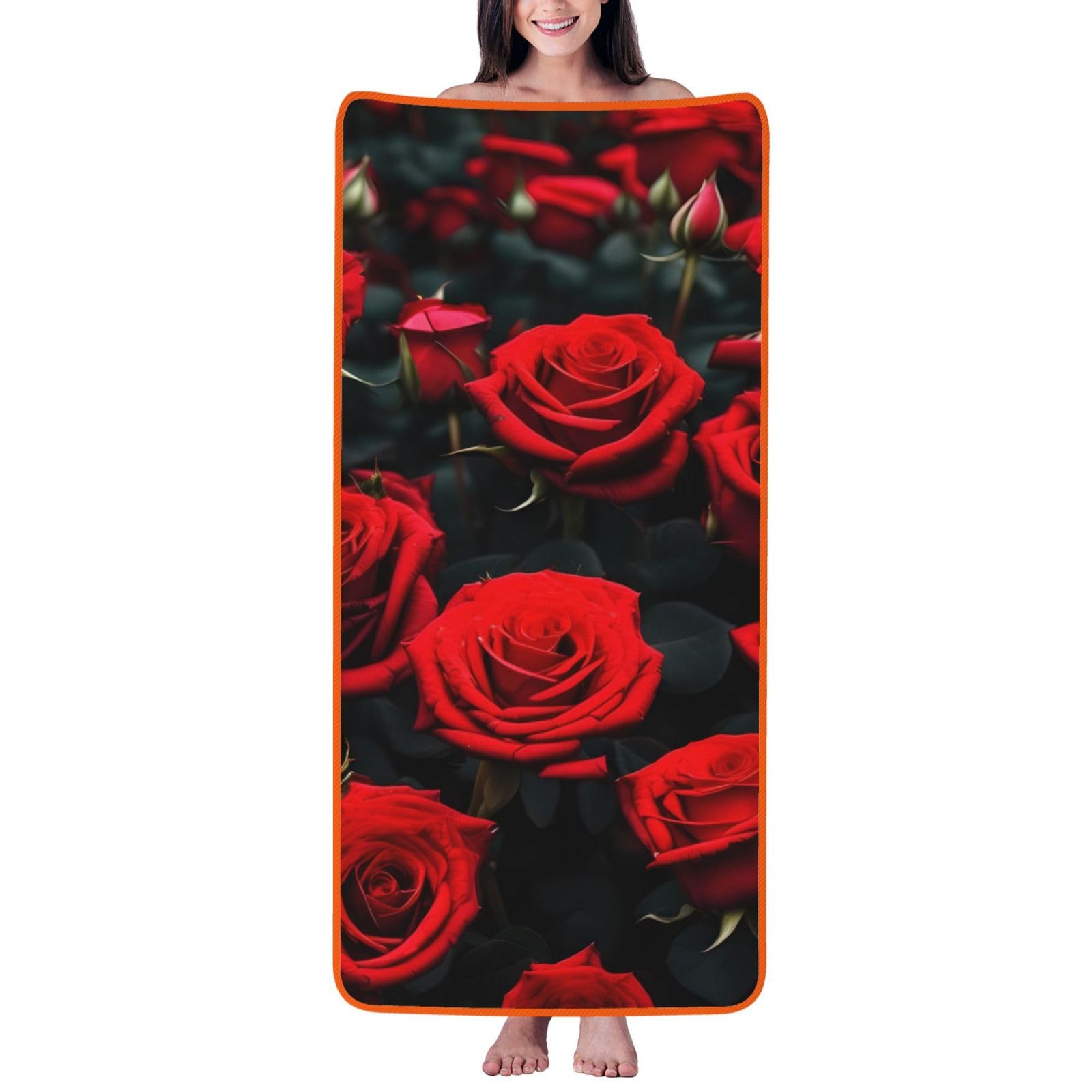Nimongt Unisex Orange Many Red Rose Print Lightweight Comfort Coral Velvet Bath Towel Home Bathroom Hotel Spa Beach Travel