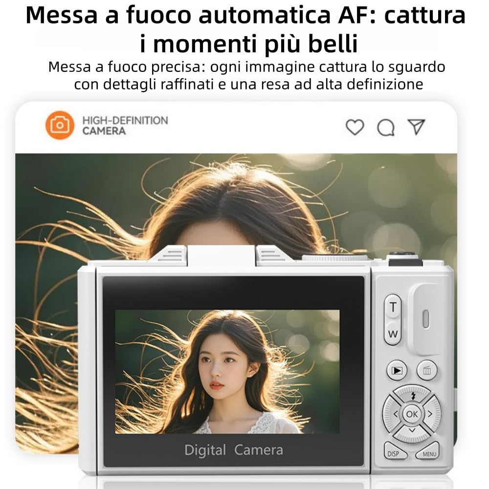 Optinexo 4K Digital Compact Camera Fotocamera digitale da 75 MP con zoom ottico 18x, schermo orientabile da 3 pollici, Wi-Fi, leggera, ideale per vlogging e viaggi