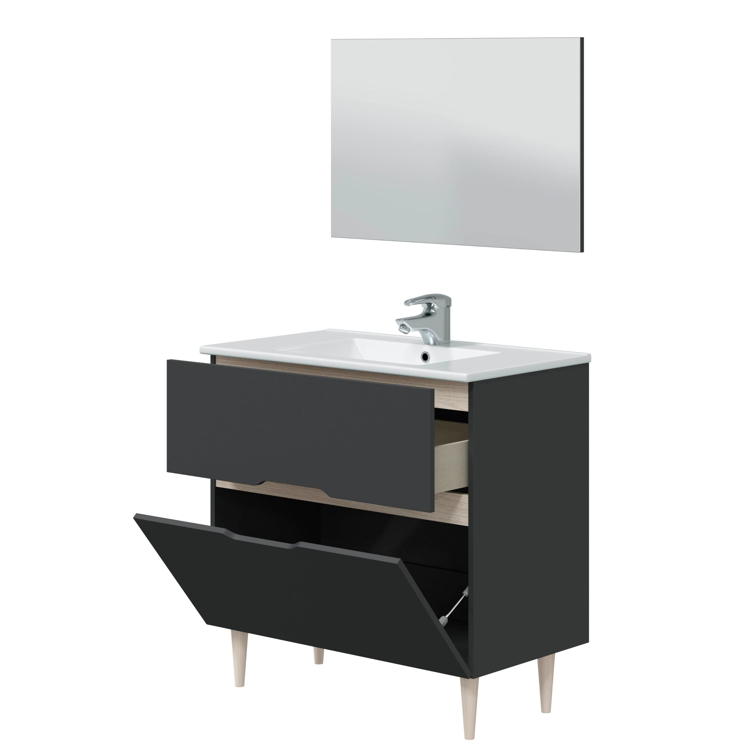 Miroytengo Conjunto de Muebles de Baño Moderno Lotto Color Gris Antracita y Roble (Espejo+Lavabo+Columna suspendida)