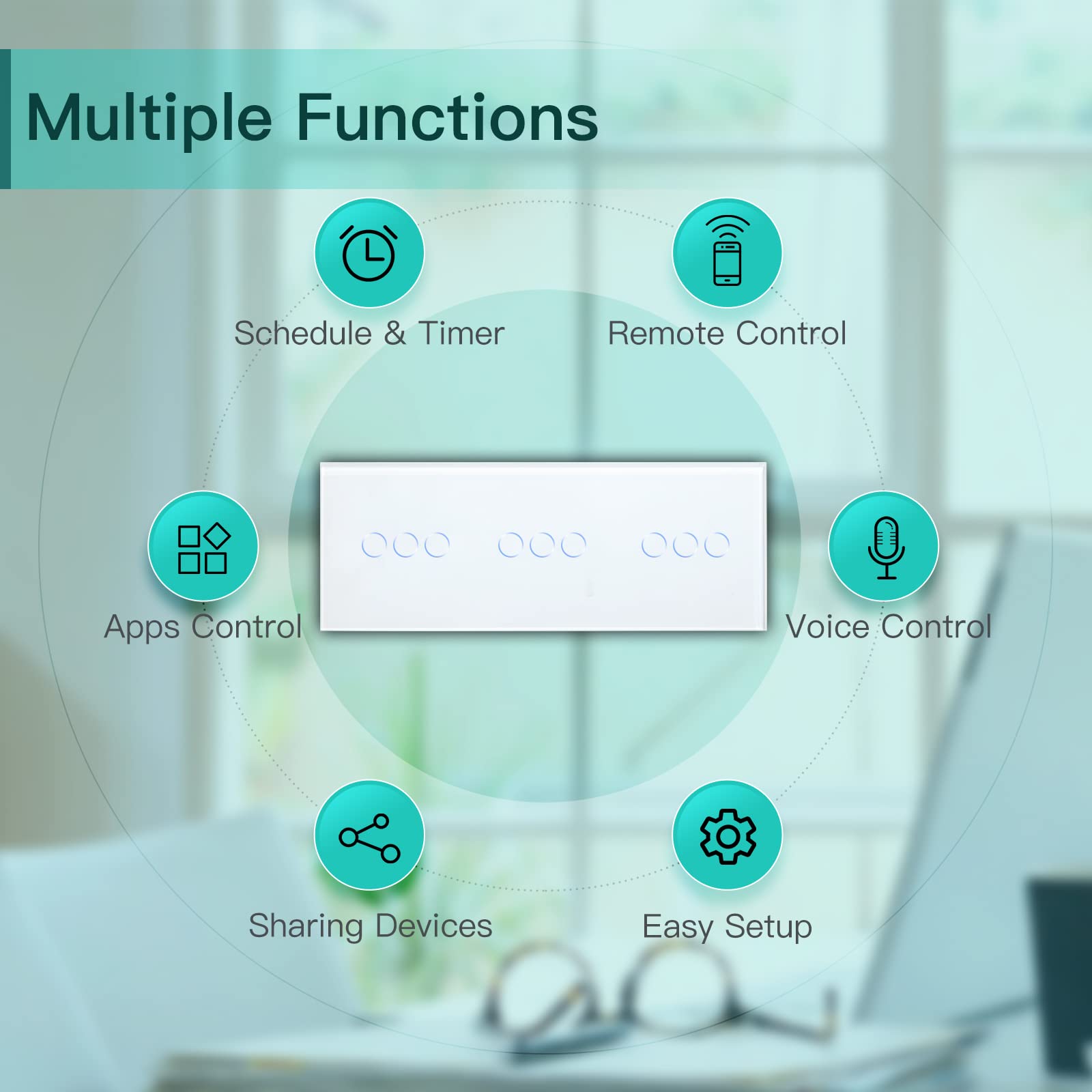 BSEED Dreifach Smart Alexa Wlan Lichtschalter Ohne Neutralleiter, WIfI Touch Schalter aus Glas, Alexa und Google Home Work mit Tuya, 3 Fach+3 Fach +3 Fach 228mm Weiß