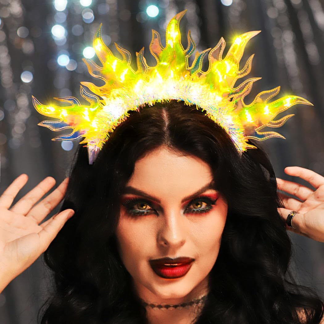 Handcess Light up Flame Crown Headband Festival LED Fire Hair Band Glowing Costume Hair Hoop Party Rave Hair Accessories for Women (Yellow) - Image 4
