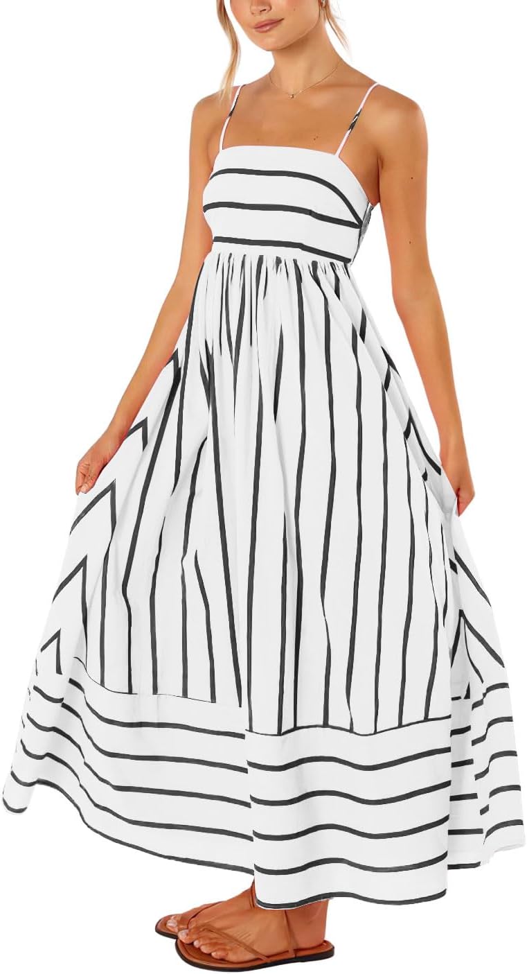 chouyatou Women's Striped Back Smocked Maxi Dress Sexy Spaghetti Strap Cut Out Flowy Swing Long Dress